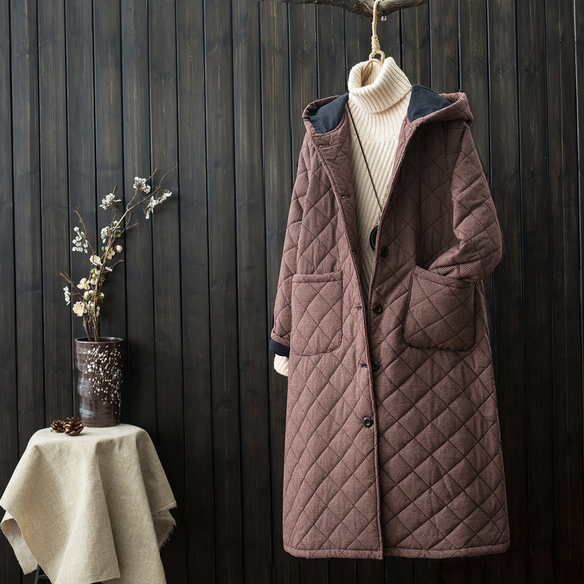 素弗复古文艺棉服女中长款连帽夹棉加厚棉衣外套棉麻加厚棉袄冬装_5折