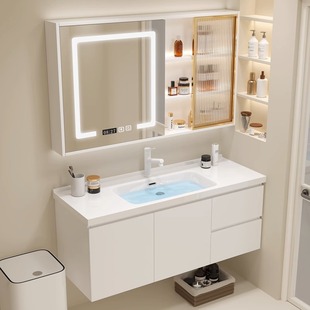 陶瓷一体盆浴室柜组合奶油色2024新款小户型卫浴洗手洗脸池卫生间