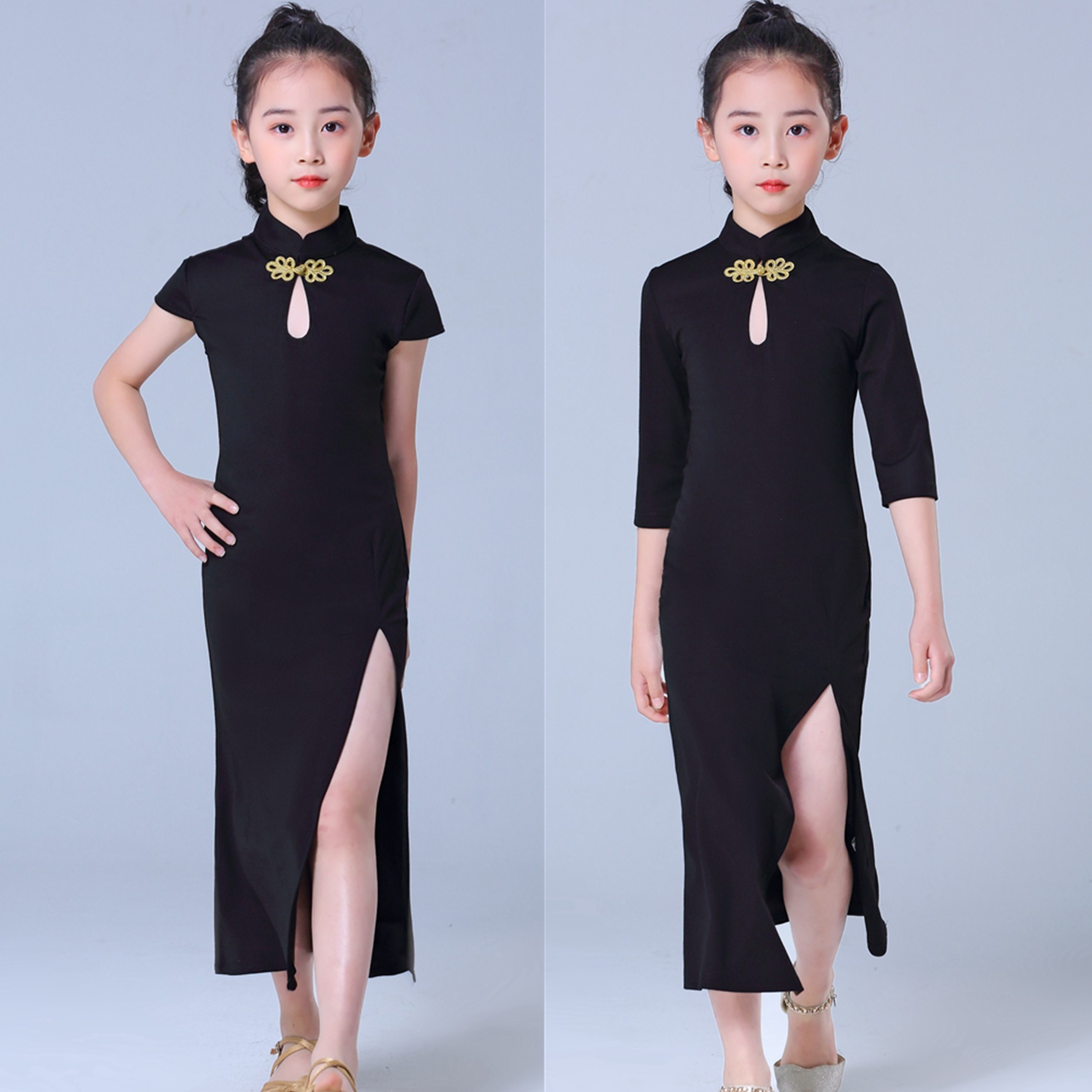 儿童形体礼仪训练服女童模特走秀长袖旗袍裙春夏长款中国风演出服