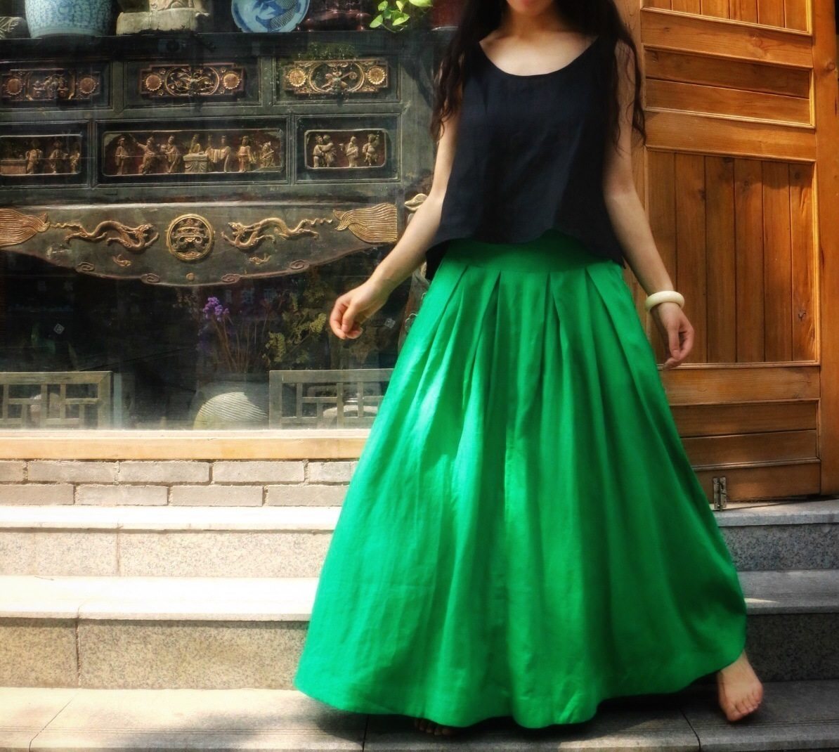 民族风女装百搭绿色旅行度假半身裙棉麻大摆口袋半身长裙女