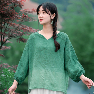 亚麻植物染绿色做旧刺绣复古上衣衬衫 高端设计感V领灯笼袖罩衫夏