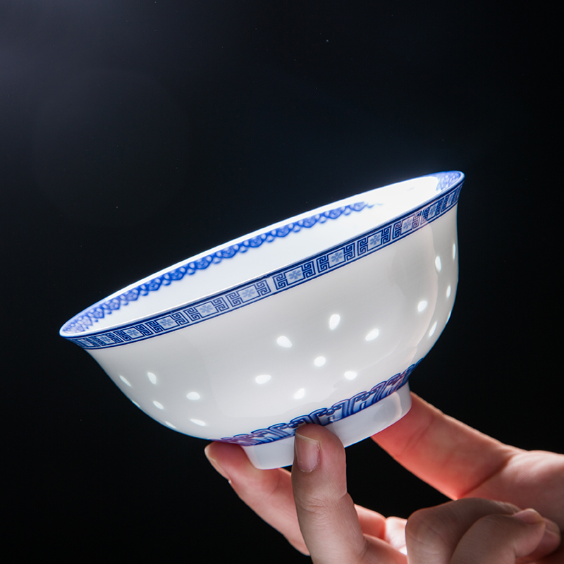 透光青花玲珑瓷景德镇陶瓷白瓷镂空中式米饭碗盘碟餐具组合套装
