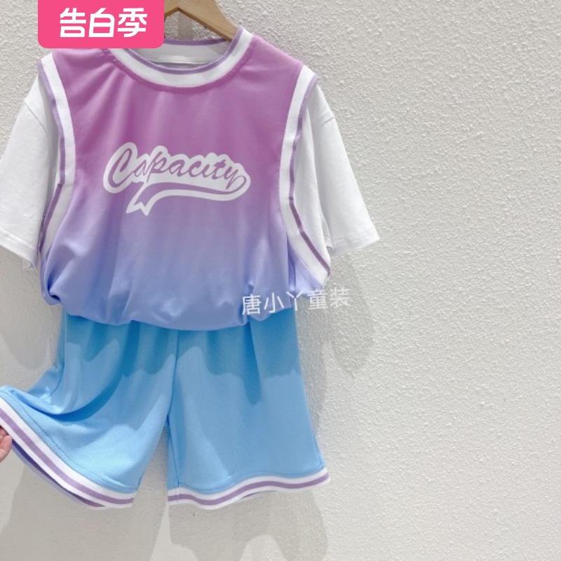紫蓝渐变色篮球服套装中大童冰丝速干短袖短裤两件套100-170码