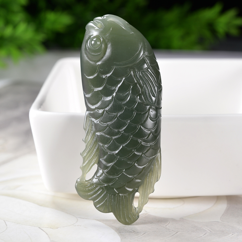 【多宝鱼】和田玉 鸭蛋青立体精雕鱼挂件36.49克