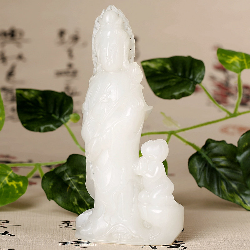 玉雕名家王磊作品 和田玉 羊脂白玉送子观音摆件 289g