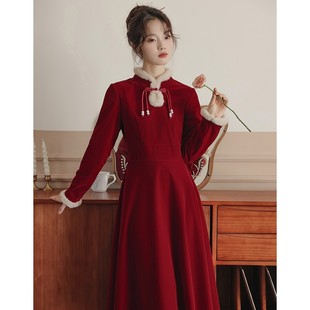 红色连衣裙秋冬新款小个子新中式改良汉元素旗袍裙子日常新年女装