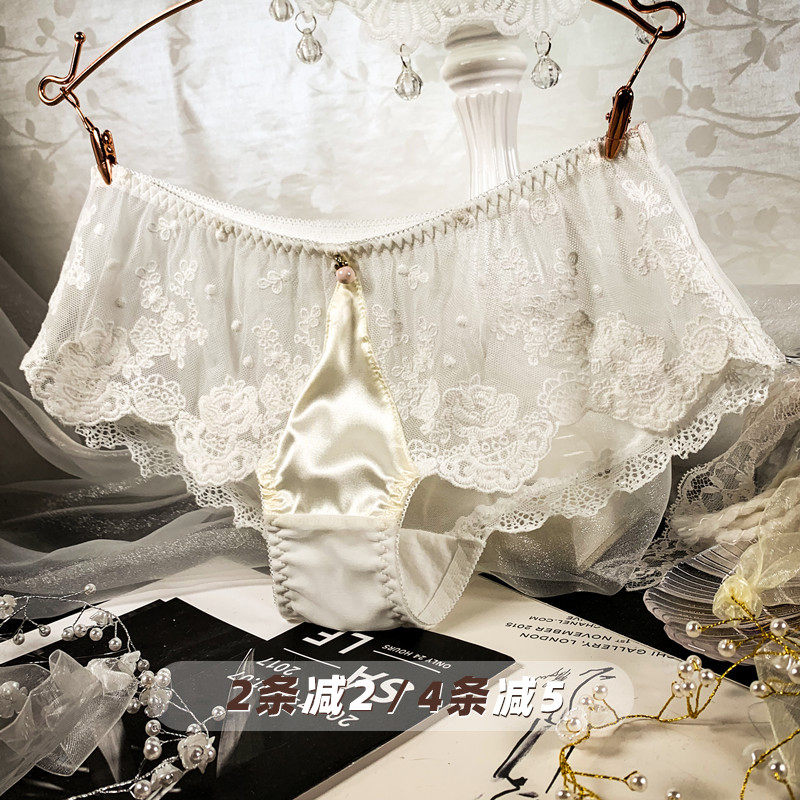 性感法式蕾丝内裤女绸缎拼接透明花卉网纱刺绣低腰三角裤棉裆