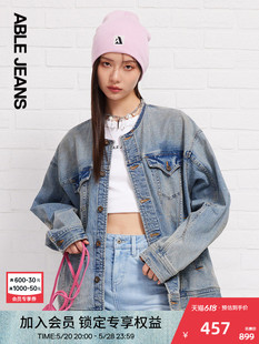 ABLE JEANS 女士时尚复古无领宽松牛仔夹克外套