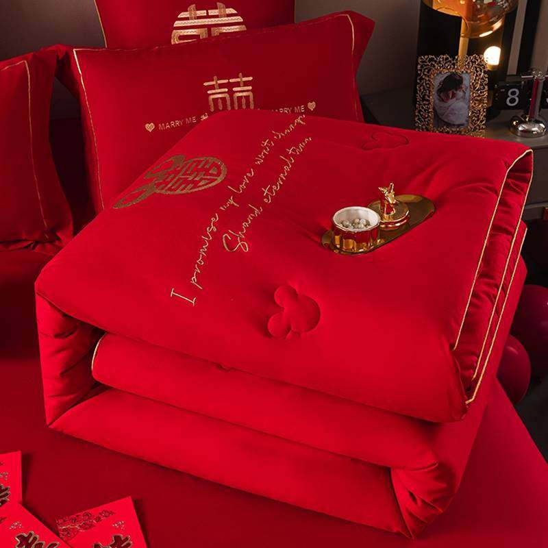 水洗棉刺绣大红色被子婚庆陪嫁夏凉被喜被婚房结婚床上用品冬被芯