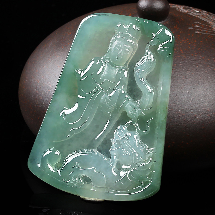 天然a货冰种翡翠御龙观音吊坠27.01克