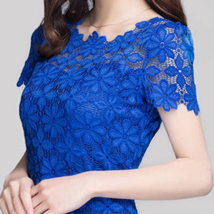 夏季修身蕾丝 短袖上衣大码雪纺打底衫 小衫新款女镂空纯色有内衬