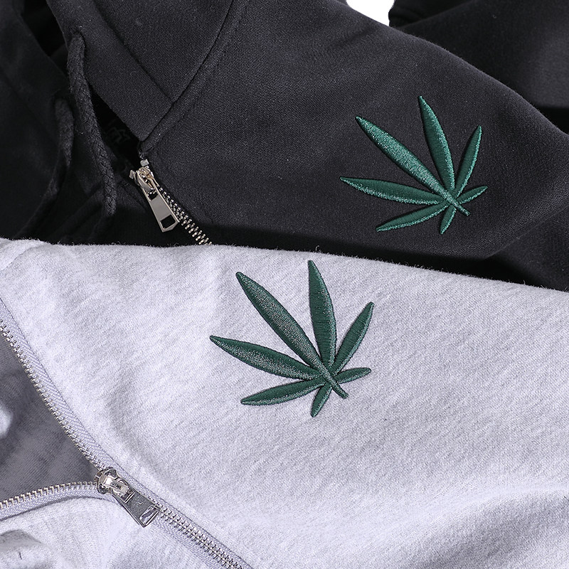 潮牌麻叶刺绣加绒开衫连帽卫衣美式西海岸加厚外套情侣保暖帽衫潮