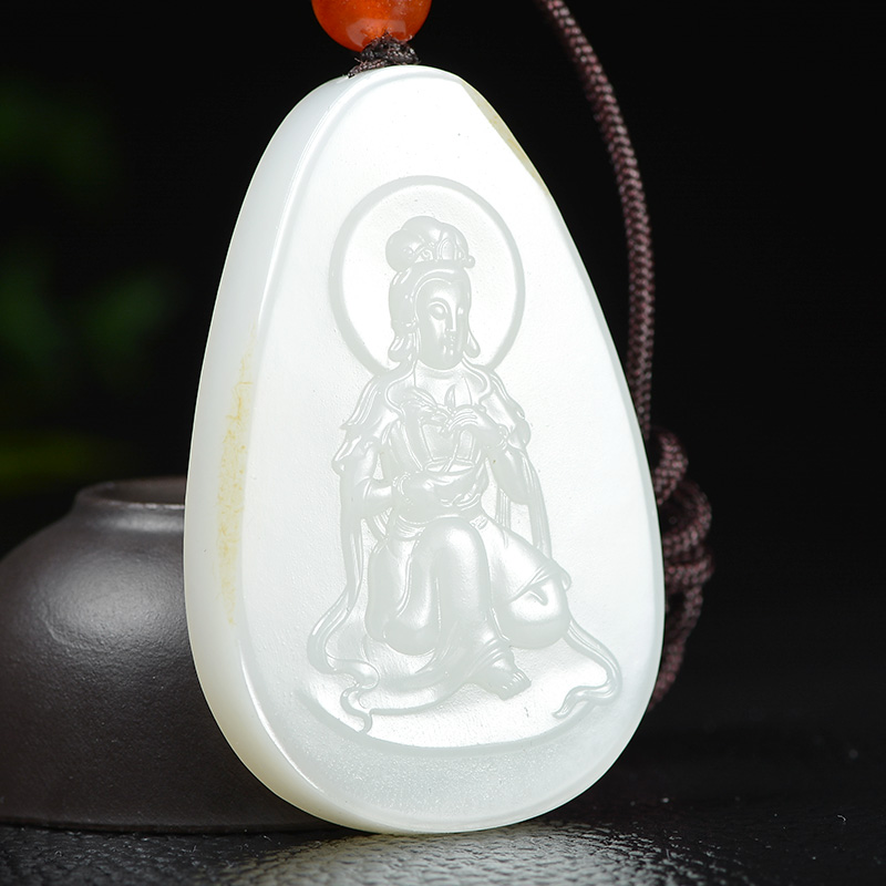 【直供】超细可过灯【赐福观音】和田玉白玉观音挂件 原皮 58.61g