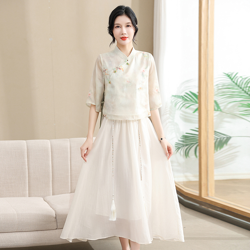 中国风妈妈装小衫裙子两件套复古新中式立领洋气中老年女装裙套装