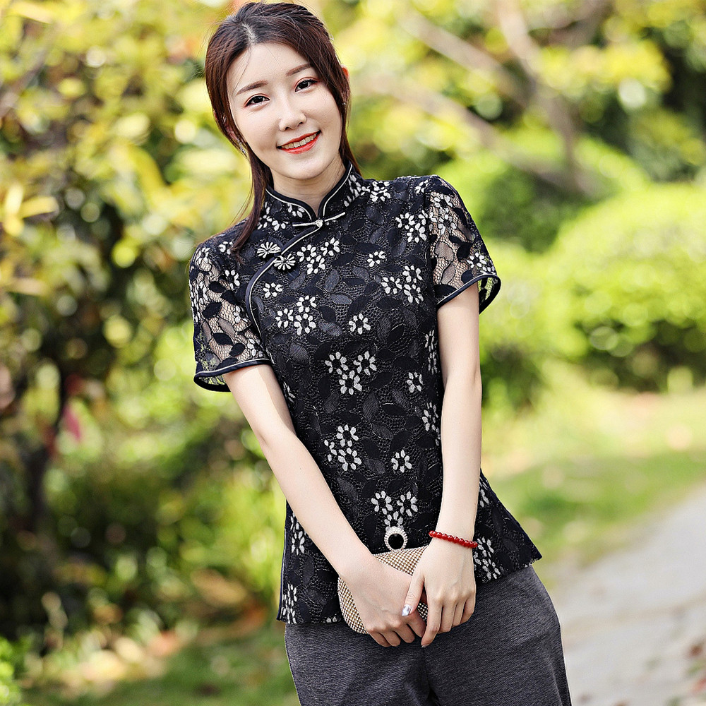 唐装短款上衣女夏装2019新款 短袖蕾丝中式修身民族风复古中国风