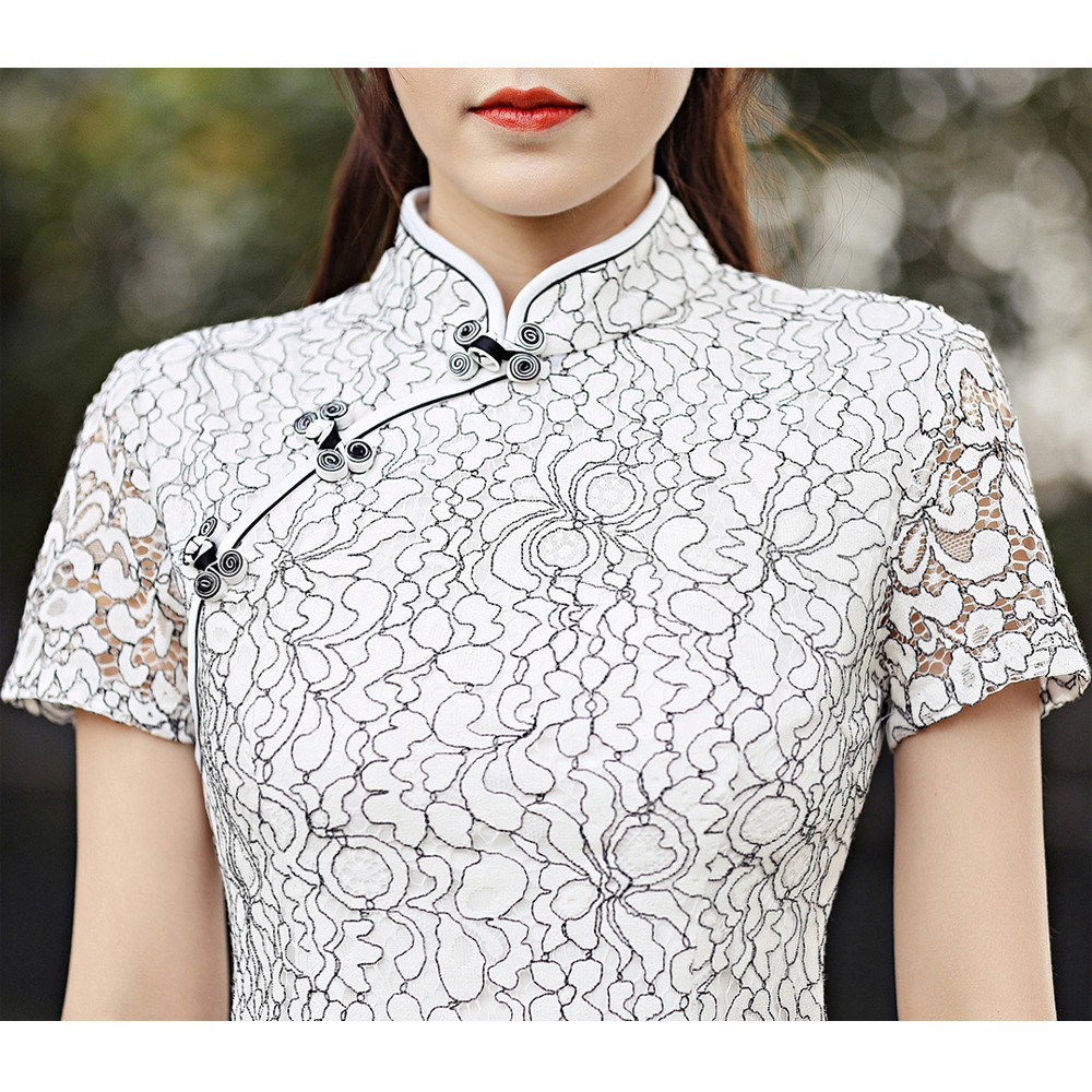 夏季新款改良时尚蕾丝旗袍上衣短袖唐装中式女款显瘦盘扣立领修身