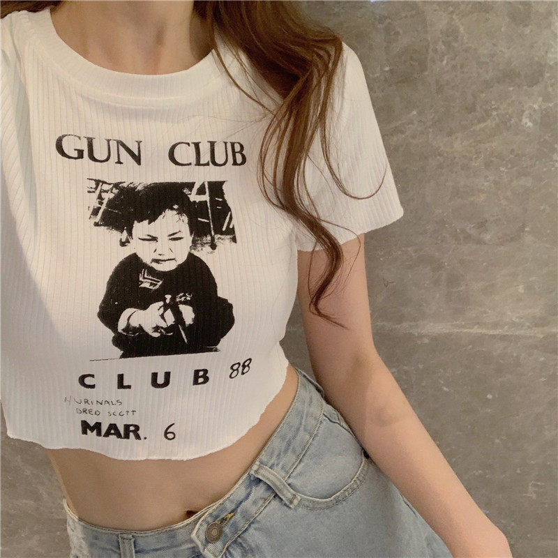 实拍实价~夏季新品短袖百搭圆领印花露肚挤短款上衣t恤女