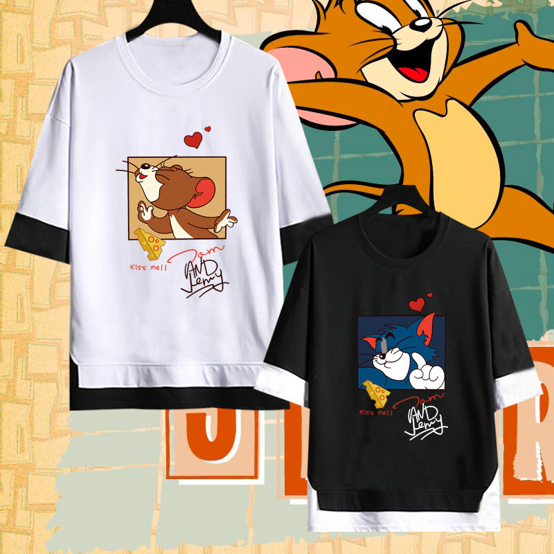 猫和老鼠联名情侣卡通动漫汤姆猫与杰瑞鼠假两件t恤衫男女五分袖