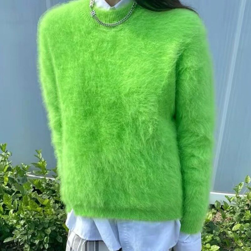 韩国东大门2021秋冬新款荧光绿色圆领毛衣女宽松外穿小香风针织衫