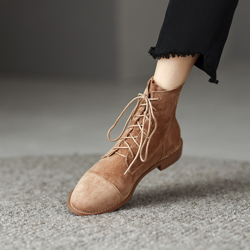 仙美迪磨砂羊皮帅气马丁靴女圆头平底低跟短靴女真皮系带裸靴女靴