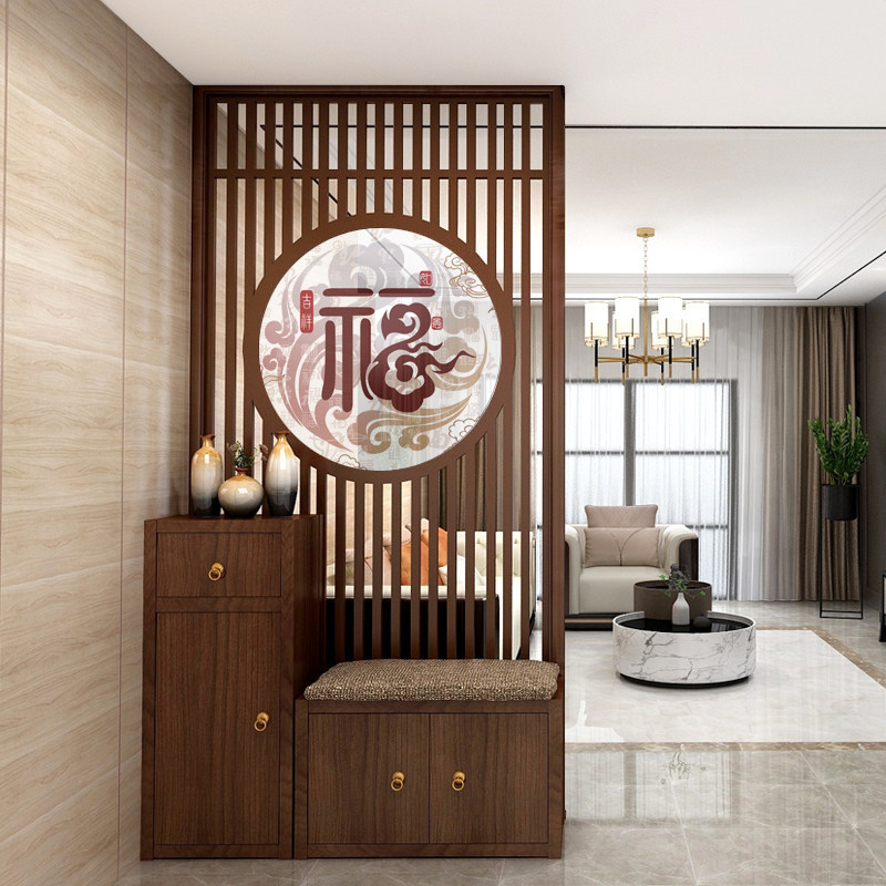 新中式实木入户屏风柜隔断柜玄关柜鞋柜一体客厅进门格栅储物柜子