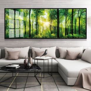 太阳光绿色森林大树风景装饰画家庭客厅沙发背景墙长幅风水晶瓷画