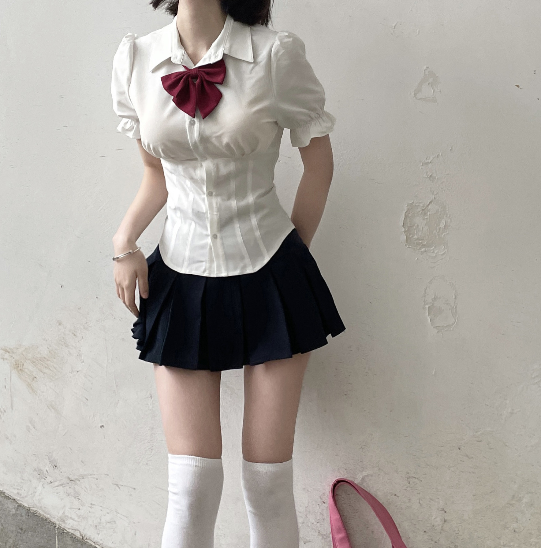 纯欲jk白色衬衣设计感别致短袖收腰辣妹衬衫显瘦伪束腰修身上衣夏