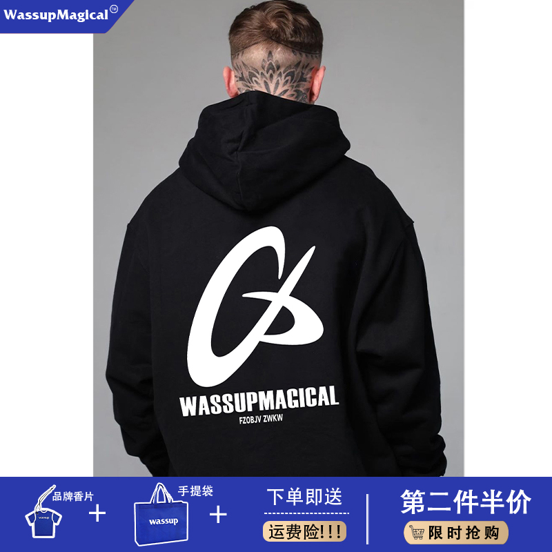 WassupMagical美式潮牌情侣印花连帽卫衣秋冬加绒重磅宽松上衣ins