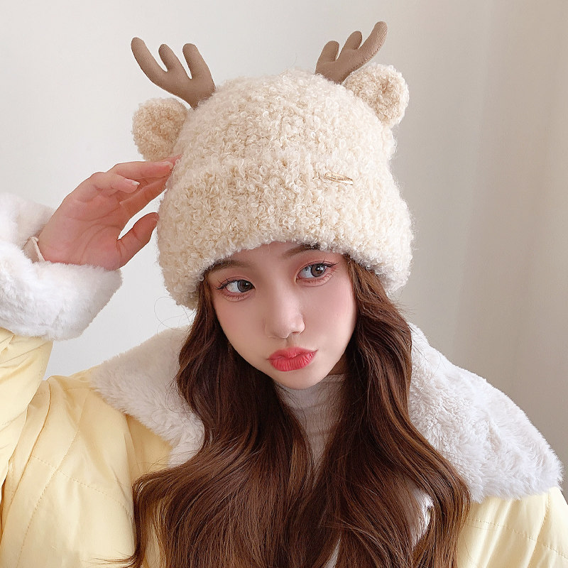 可爱小鹿耳朵帽子女秋冬季日系学生毛绒加厚保暖护耳显脸小套头帽