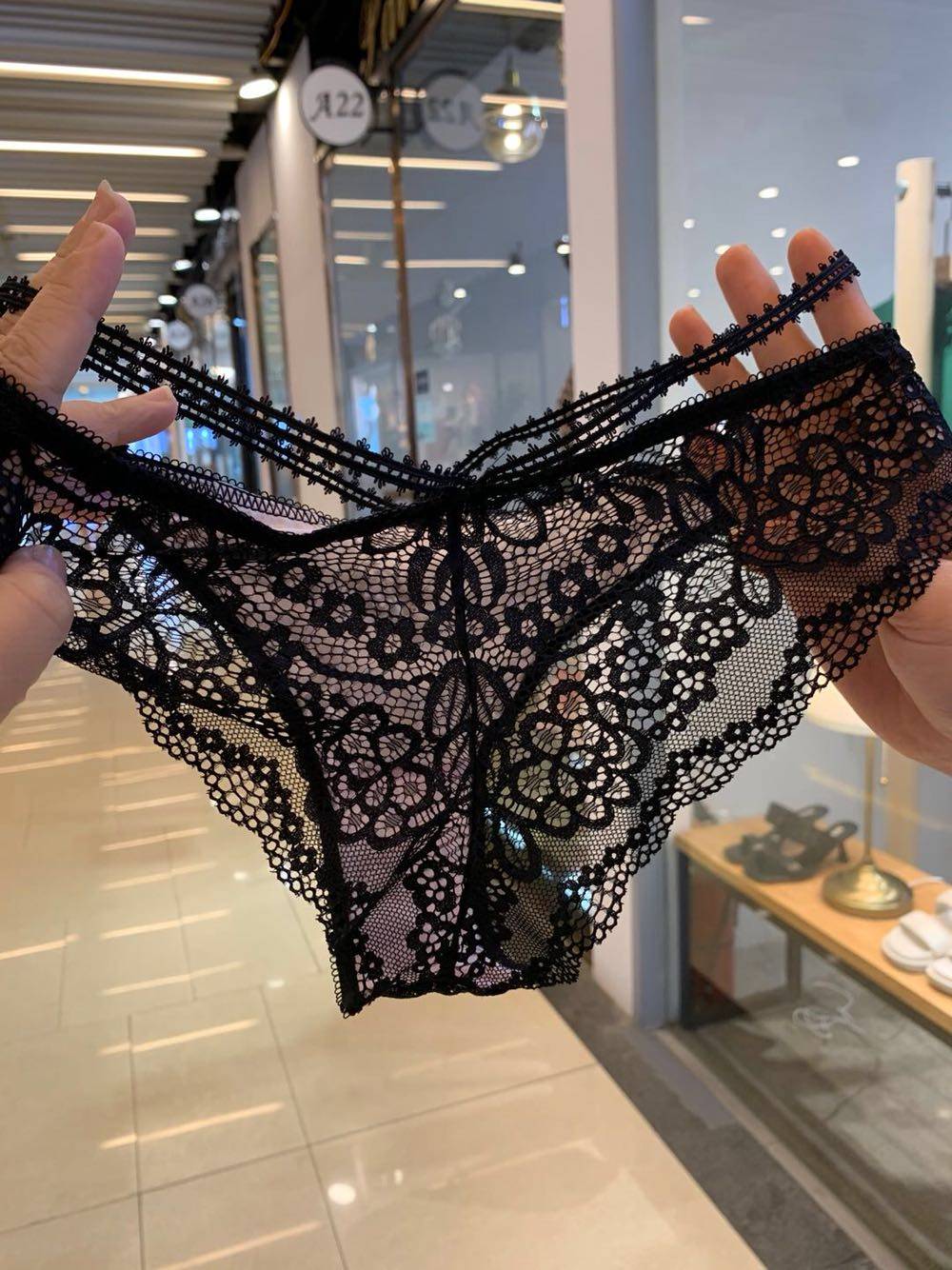 黑色镂空低腰性感丁字裤透明女蕾丝内裤超薄t裤