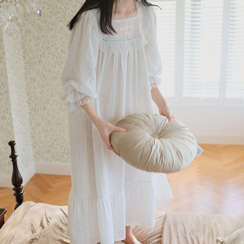 睡裙女春季复古法式蕾丝宫廷风公主白色睡衣很仙的家居服纯棉春夏