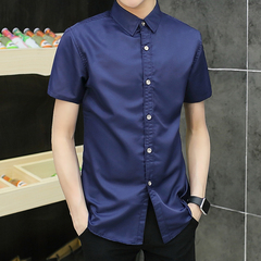 2016夏季新款时尚短袖衬衫男士纯色修身商务休闲青年男装韩版衬衣