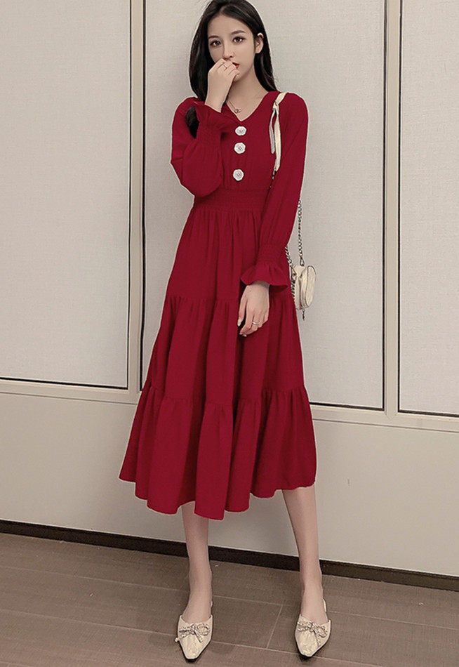 红色气质雪纺连衣裙女2020春秋新款时尚松紧腰长袖v领中长款裙子