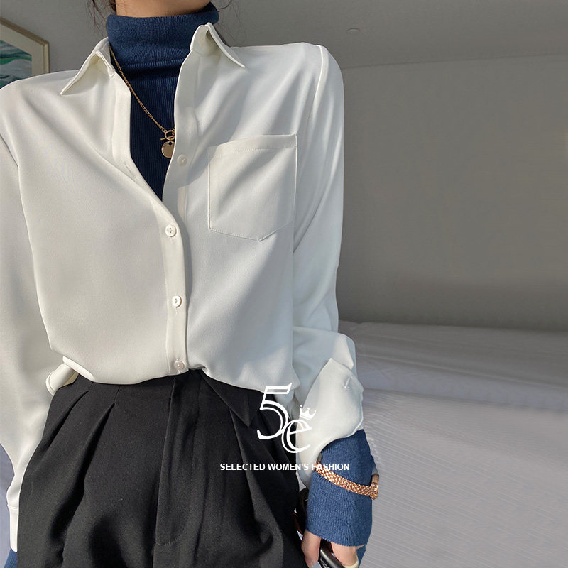 5e雪纺白衬衫内搭叠穿女打底白色设计感小众衬衣春秋冬季醋酸缎面