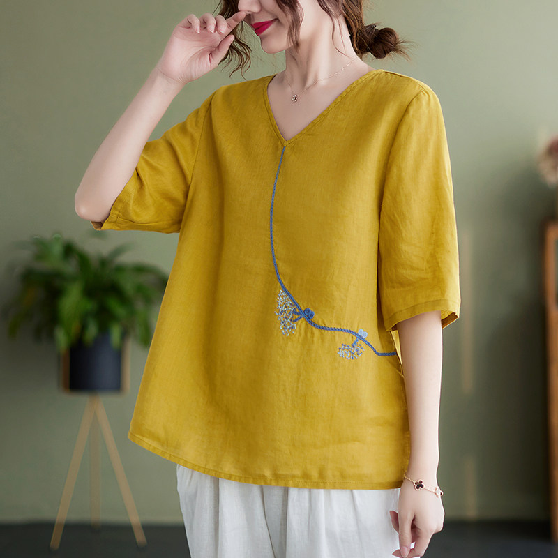 文艺复古刺绣棉麻短袖t恤女夏季薄款宽松v领显瘦麻料套头小衫上衣