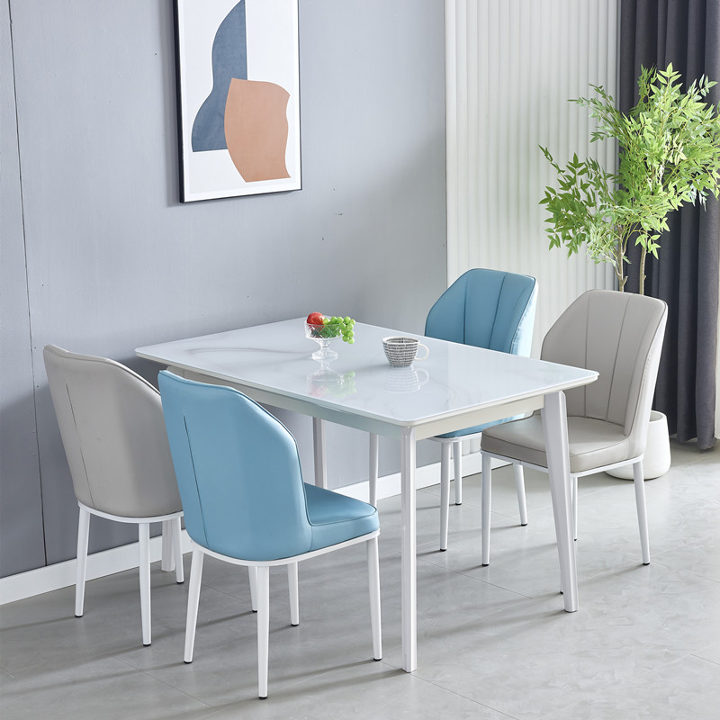 现代简约白色餐桌椅组合家用小户型长方形奶油风玉晶石桌子吃饭桌