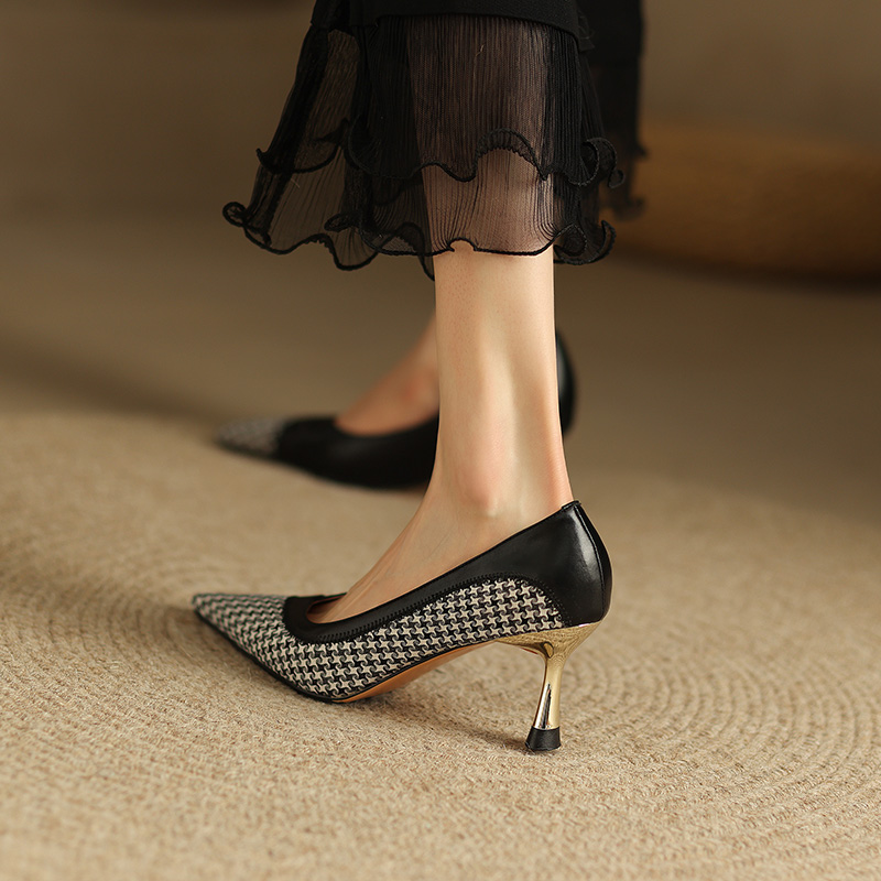 纳瑟法式复古小众千鸟格拼接尖头高跟鞋女性感细跟气质浅口单鞋春