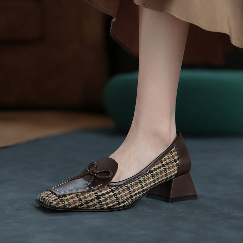 纳瑟小众法式复古千鸟格方头乐福鞋女粗跟中跟拼色单鞋蝴蝶结女鞋