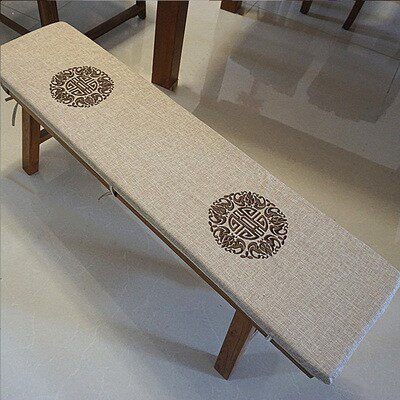 亚麻新中式绣花长坐垫长条凳垫子飘窗垫沙发垫高密度海绵四季定制
