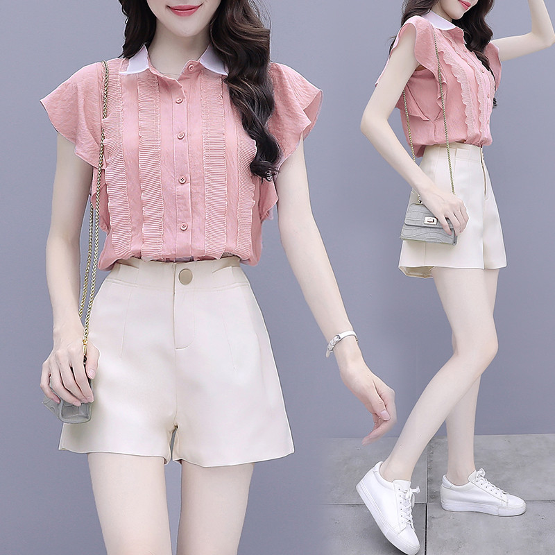 雪纺衫套装女夏装2020年新款小个子显高洋气减龄休闲短裤子两件套