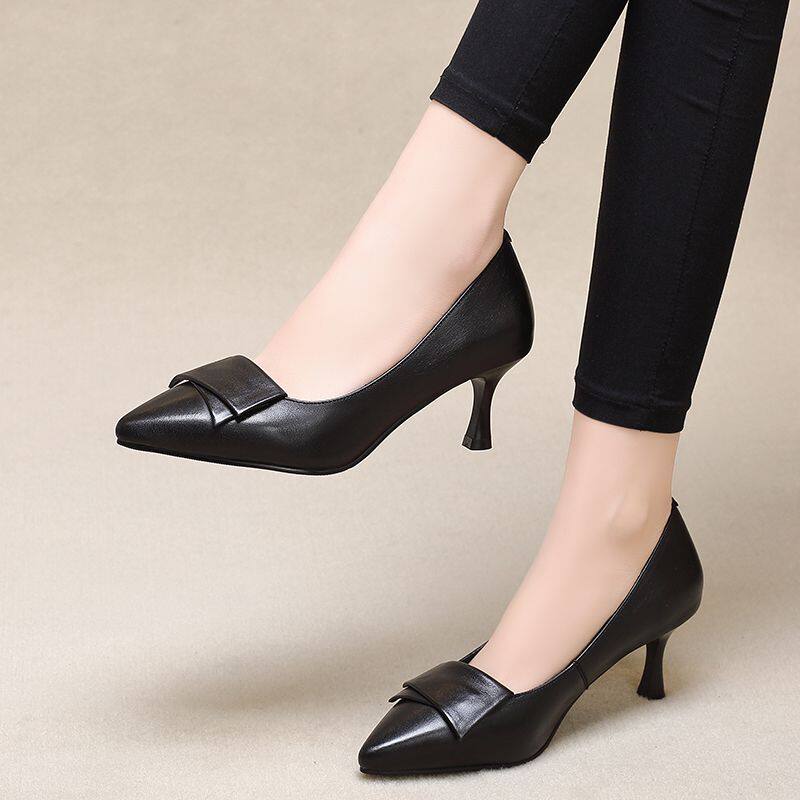 春款新款尖头单鞋小跟工作鞋女春秋细跟高跟鞋2020春季中跟真皮鞋