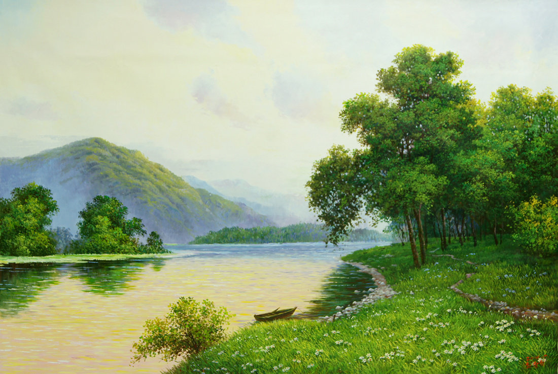朝鲜名家油画 崔昌革 《绿野轻舟》