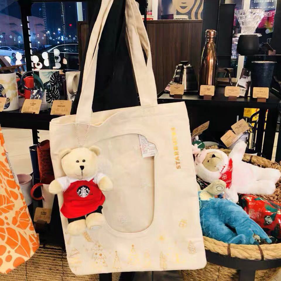 星巴克2019圣诞熊熊托特袋双层新品福袋送小熊公仔玩偶单肩斜挎包