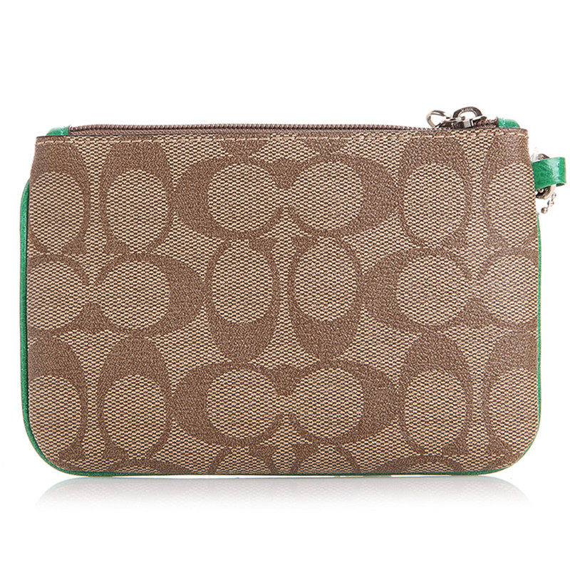 【9.9新】coach卡其配绿色经典logo花纹女士短款零钱包