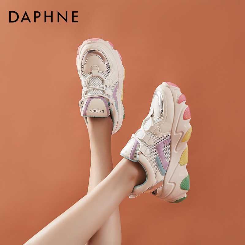 daphne达芙妮老爹鞋女春夏厚底彩虹鞋女拼色网面休闲鞋202003507