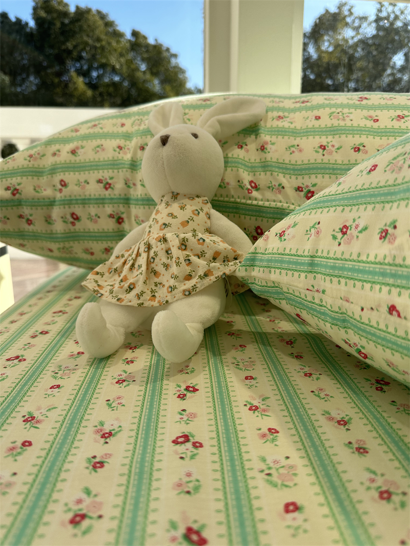 春夏绿色小碎花条纹全棉床笠床单单件1.35m1.8纯棉公寓床罩保护套