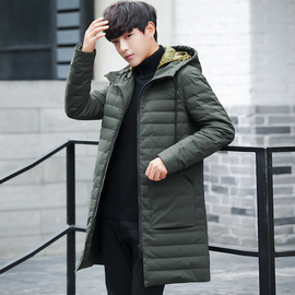 男装冬季新款纯色连帽男士中长款羽绒服轻薄修身韩版青年学生外套