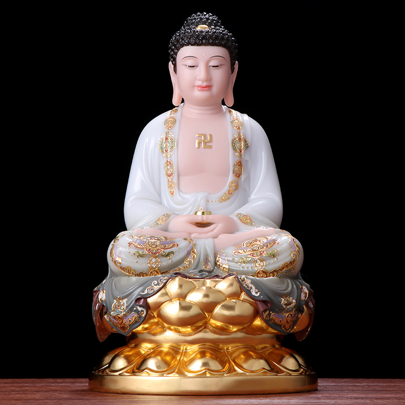 新款汉白玉石雕彩绘释迦牟尼佛像阿弥陀佛如来佛祖供奉三宝佛摆件