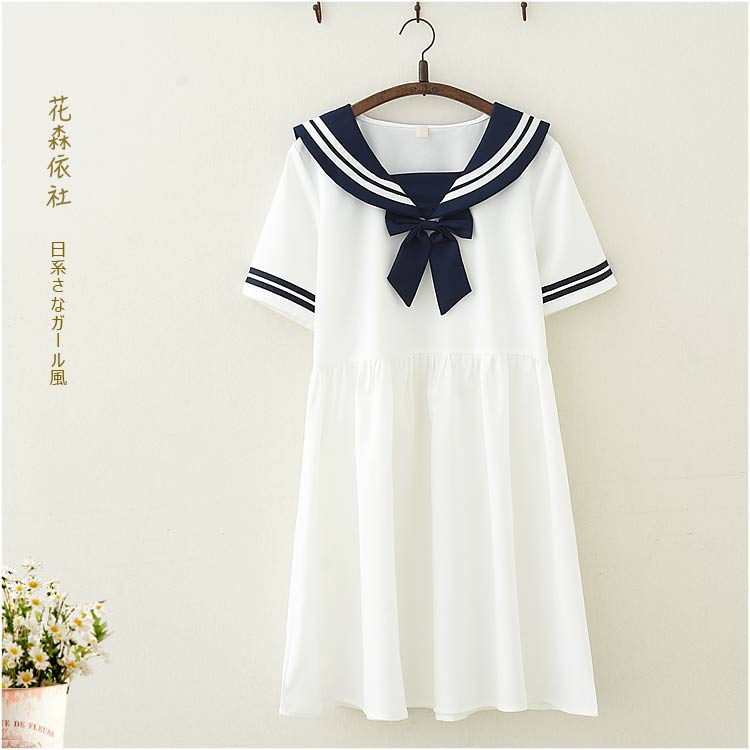 特价软妹服夏裙子_夏季日系海军风少女短袖连衣裙中学生宽松水手服