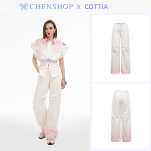Cottia时尚粉色monogram渐变牛仔长裤小众百搭CHENSHOP设计师品牌